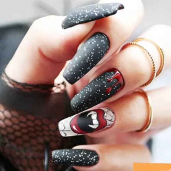 Long Gothic Coffin Shaped Vampire Press On Nails Fake Artificial Glue On - Picture 2 of 2